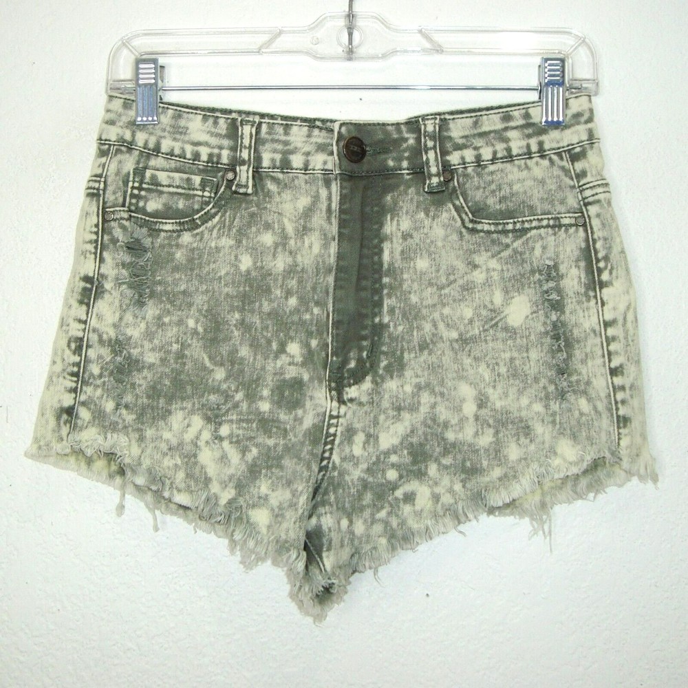 DENIM BLVD Modern Vintage Gray Green Acid Wash Hi Rise Distressed Short Size L